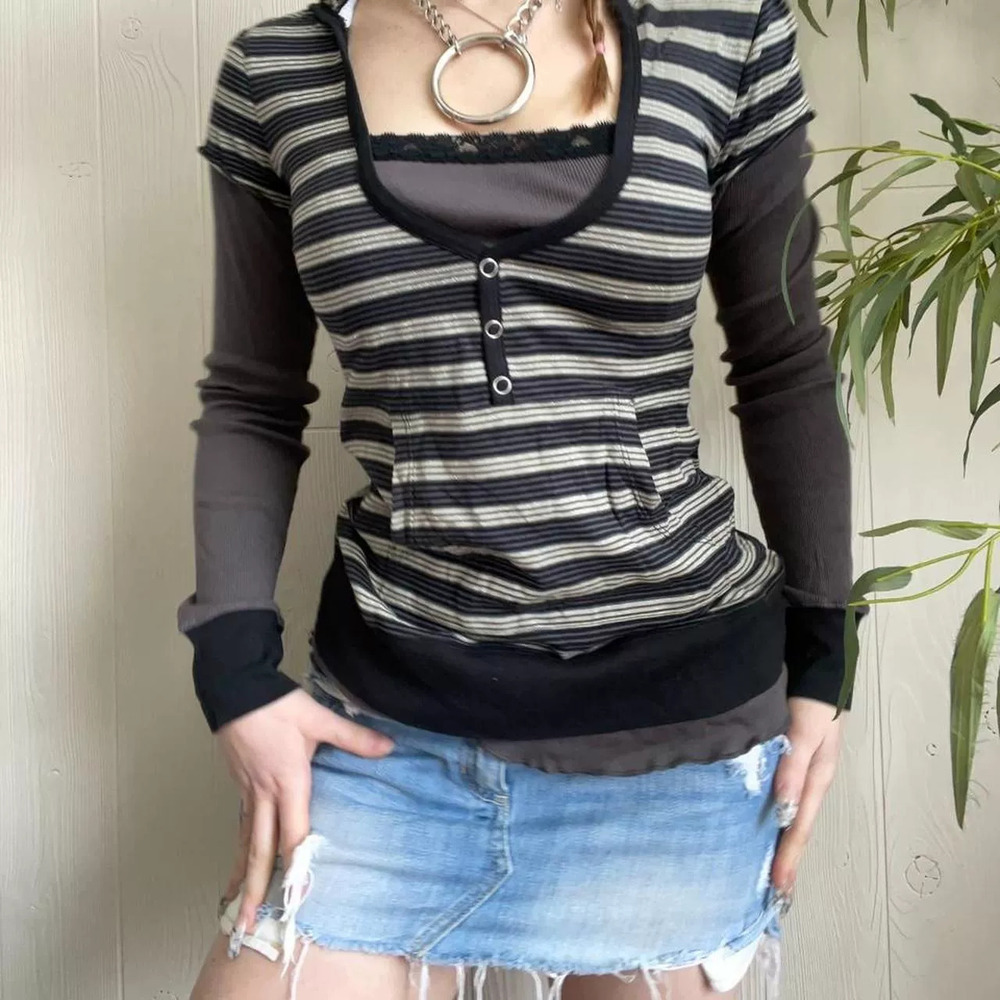 ZARA Long Sleeve Crew Neck Button Faux 2pc Striped Top